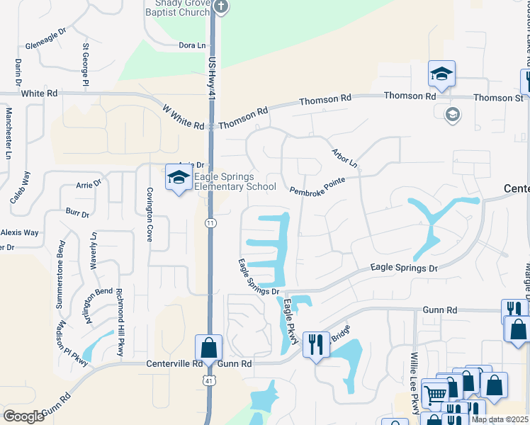 map of restaurants, bars, coffee shops, grocery stores, and more near 503 Eagle Springs Drive in Centerville