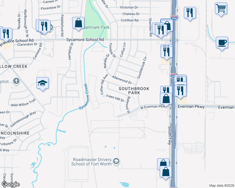 map of restaurants, bars, coffee shops, grocery stores, and more near 340 Dakota Ridge Drive in Fort Worth