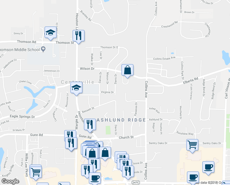 map of restaurants, bars, coffee shops, grocery stores, and more near 198 Virginia Drive in Centerville