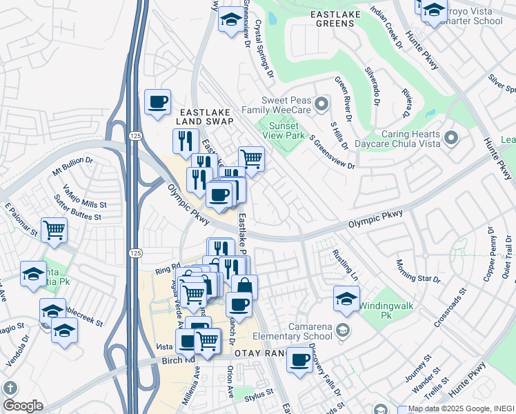 map of restaurants, bars, coffee shops, grocery stores, and more near 1482 Caminito Sicilia in Chula Vista