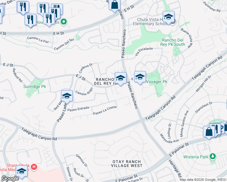 map of restaurants, bars, coffee shops, grocery stores, and more near 1098 East J Street in Chula Vista