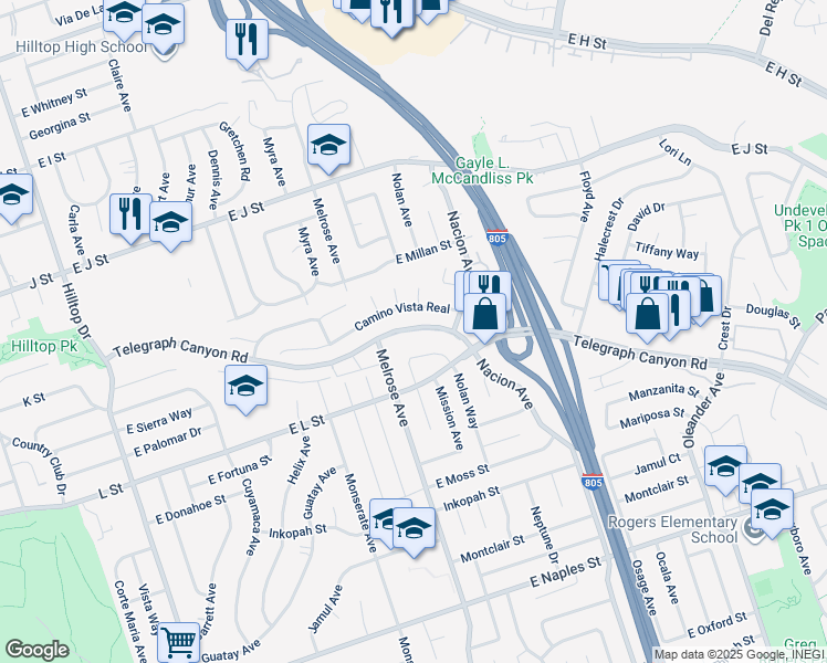 map of restaurants, bars, coffee shops, grocery stores, and more near 282 Camino Vista Real in Chula Vista