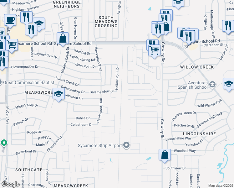 map of restaurants, bars, coffee shops, grocery stores, and more near 7685 Hollow Point Drive in Fort Worth