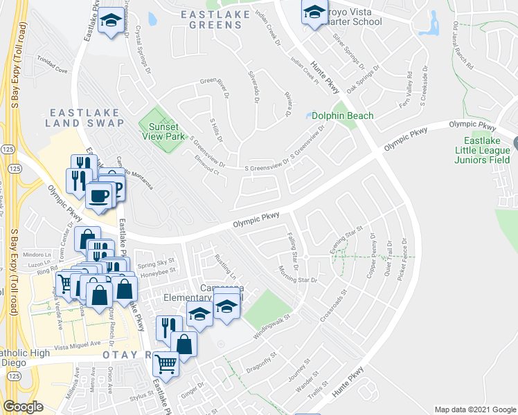 map of restaurants, bars, coffee shops, grocery stores, and more near 2362 Peacock Valley Road in Chula Vista