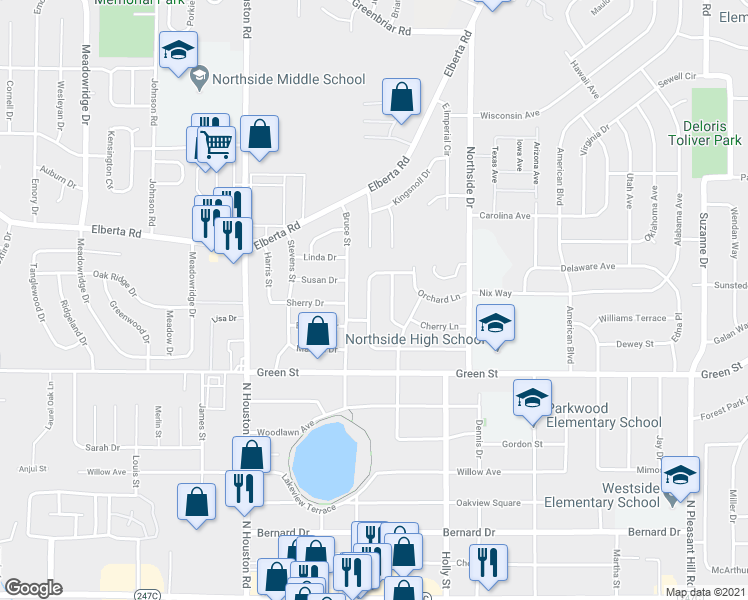 map of restaurants, bars, coffee shops, grocery stores, and more near 206 Ravenwood Way in Warner Robins