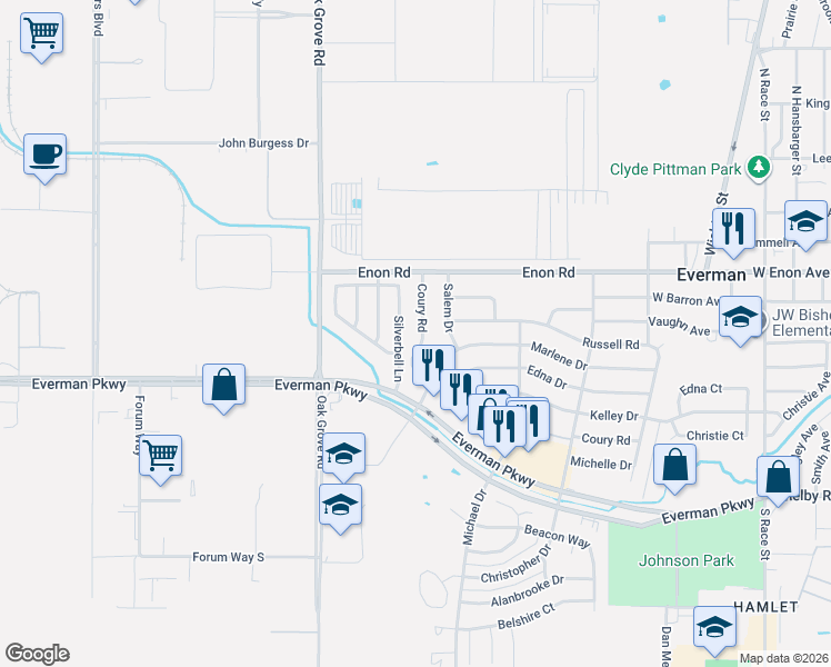 map of restaurants, bars, coffee shops, grocery stores, and more near 208 Coury Road in Everman