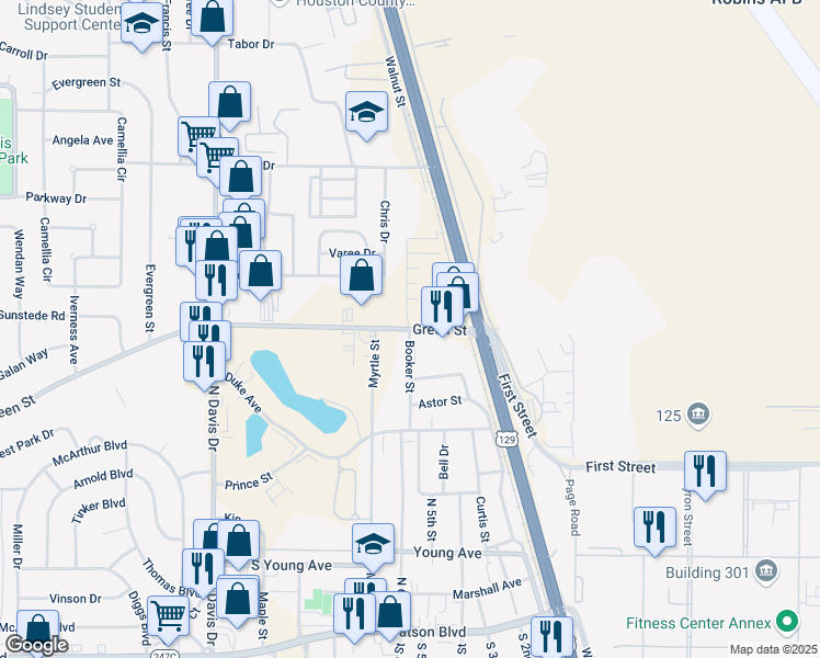 map of restaurants, bars, coffee shops, grocery stores, and more near Booker Street in Warner Robins