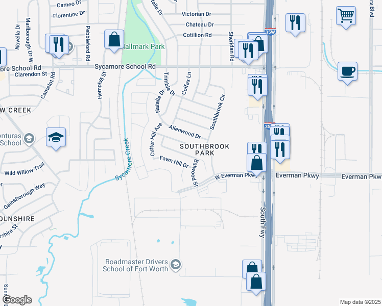map of restaurants, bars, coffee shops, grocery stores, and more near 308 Blairwood Drive in Fort Worth