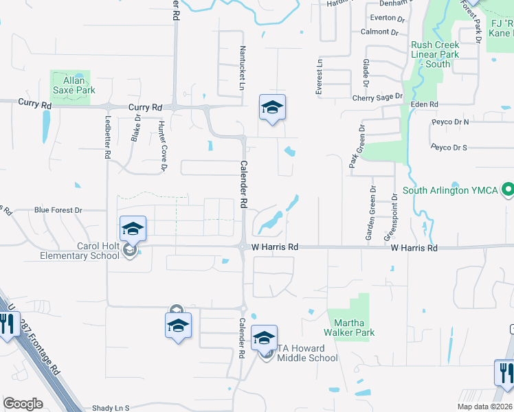 map of restaurants, bars, coffee shops, grocery stores, and more near 7101 Calender Road in Arlington