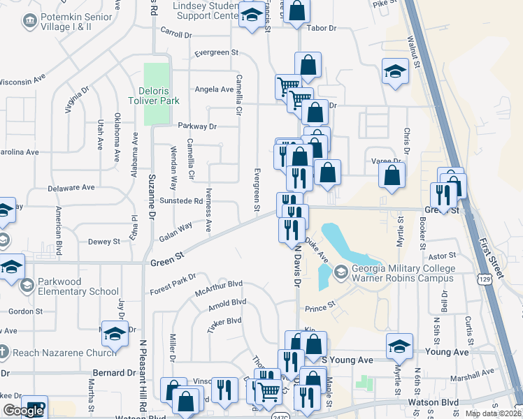 map of restaurants, bars, coffee shops, grocery stores, and more near 106 Green Street in Warner Robins