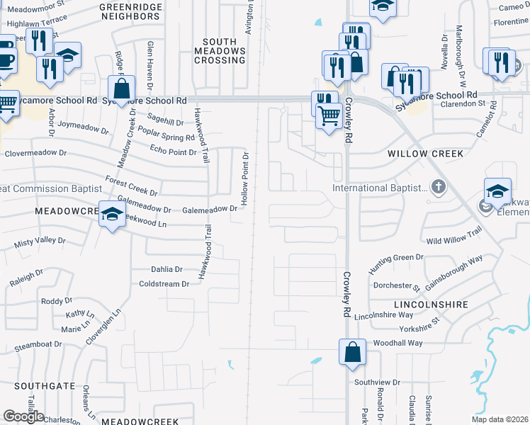 map of restaurants, bars, coffee shops, grocery stores, and more near 2256 Deniro Drive in Fort Worth
