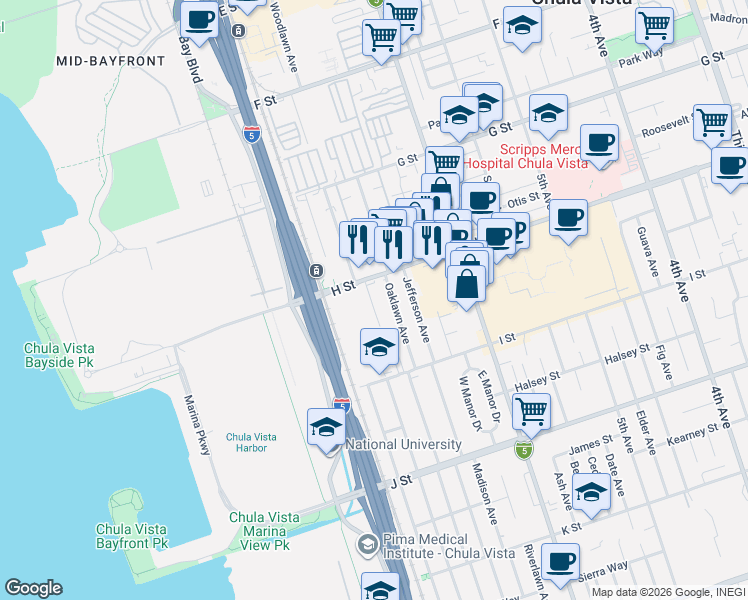 map of restaurants, bars, coffee shops, grocery stores, and more near 698 H Street in Chula Vista
