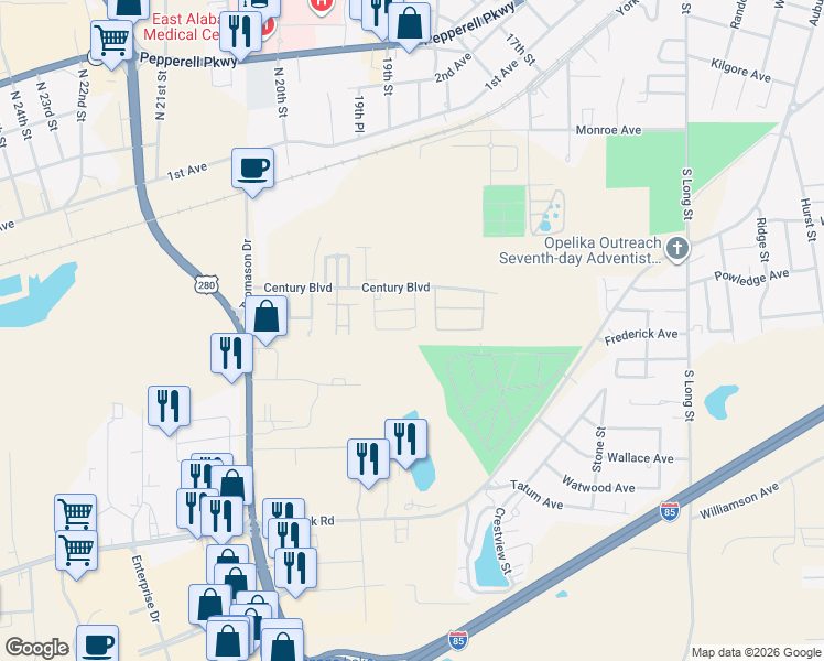 map of restaurants, bars, coffee shops, grocery stores, and more near 1929 Shiloh Loop in Opelika
