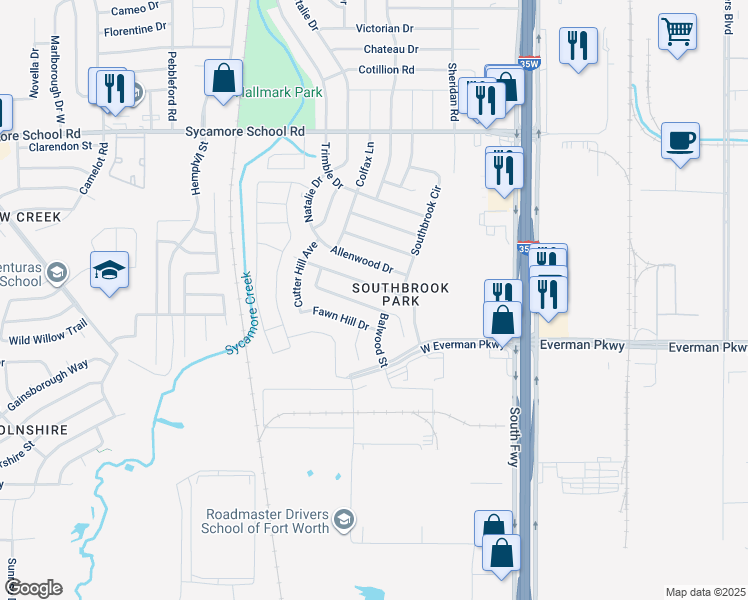 map of restaurants, bars, coffee shops, grocery stores, and more near 308 Blairwood Drive in Fort Worth