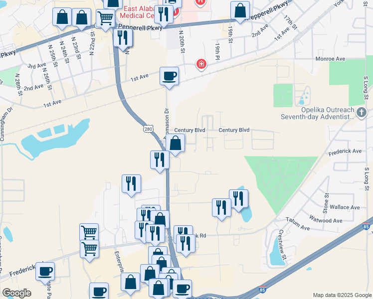 map of restaurants, bars, coffee shops, grocery stores, and more near 2000 Legacy Circle in Opelika