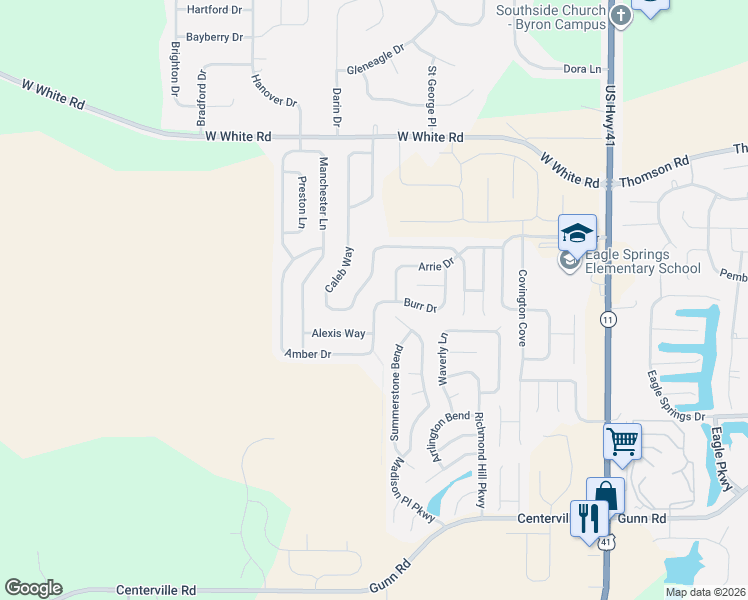 map of restaurants, bars, coffee shops, grocery stores, and more near 248 Caleb Way in Byron