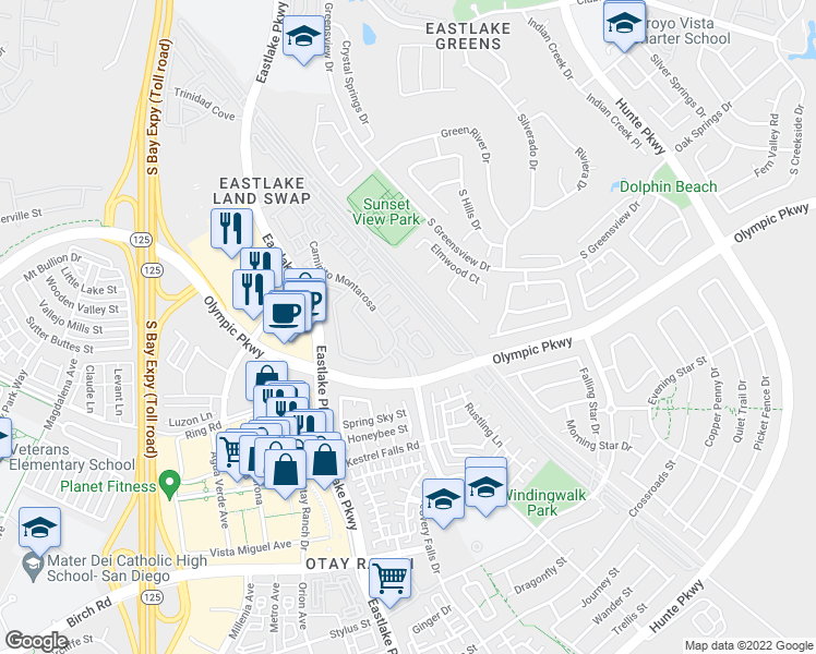 map of restaurants, bars, coffee shops, grocery stores, and more near 2238 Caminito Abruzzo in Chula Vista