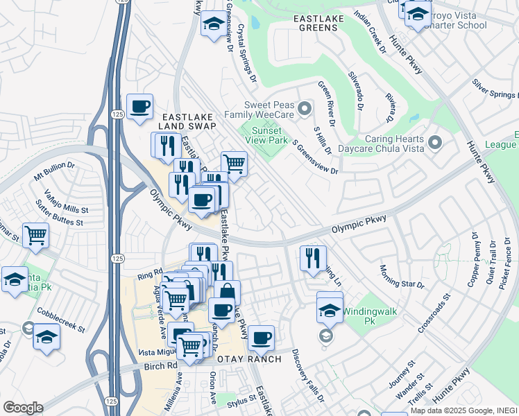 map of restaurants, bars, coffee shops, grocery stores, and more near 1453 Caminito Sardinia in Chula Vista