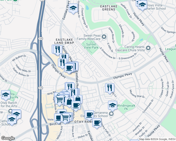 map of restaurants, bars, coffee shops, grocery stores, and more near 1453 Caminito Sardinia in Chula Vista