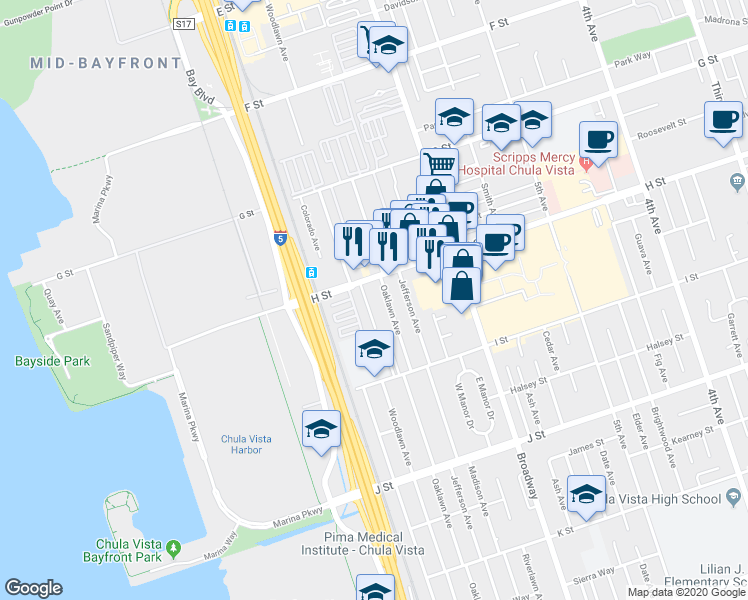map of restaurants, bars, coffee shops, grocery stores, and more near 698 H Street in Chula Vista