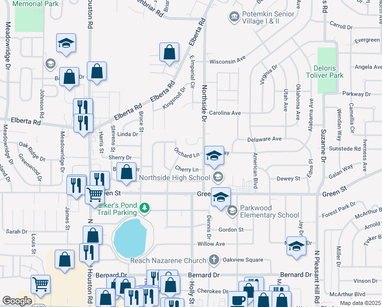 map of restaurants, bars, coffee shops, grocery stores, and more near 300 Orchard Lane in Warner Robins