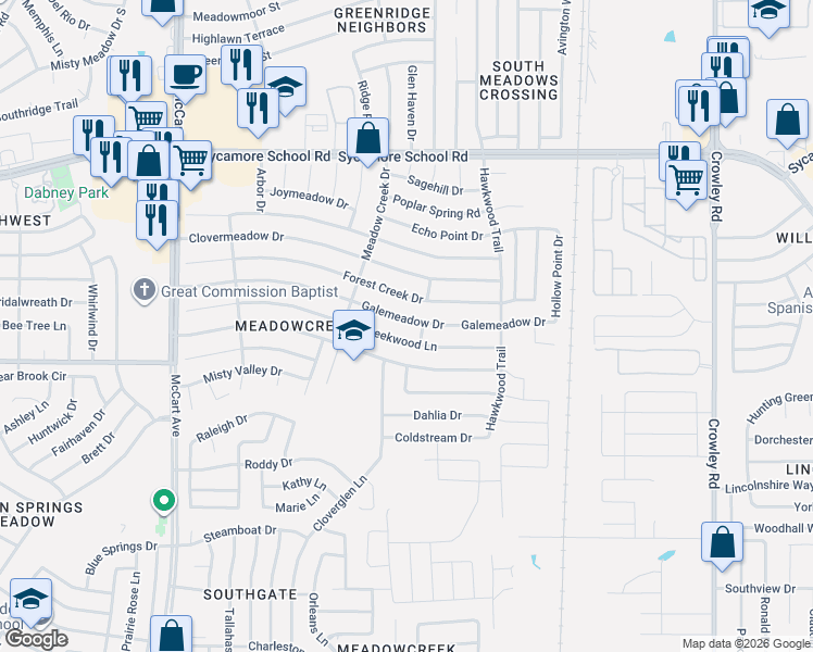 map of restaurants, bars, coffee shops, grocery stores, and more near 2612 Galemeadow Drive in Fort Worth