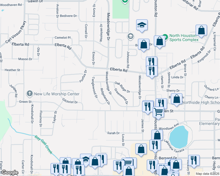 map of restaurants, bars, coffee shops, grocery stores, and more near 115 Oak Ridge Drive in Warner Robins