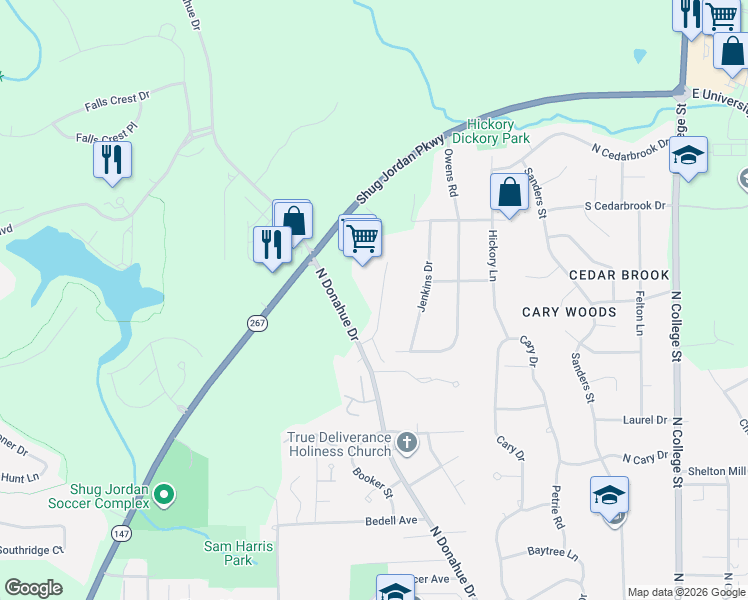 map of restaurants, bars, coffee shops, grocery stores, and more near 892-1150 North Donahue Drive in Auburn