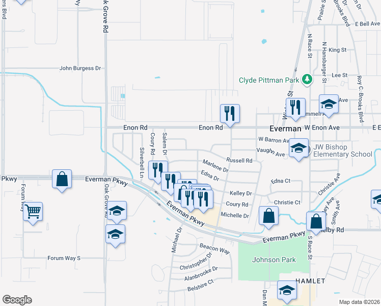 map of restaurants, bars, coffee shops, grocery stores, and more near 1015 Russell Road in Everman