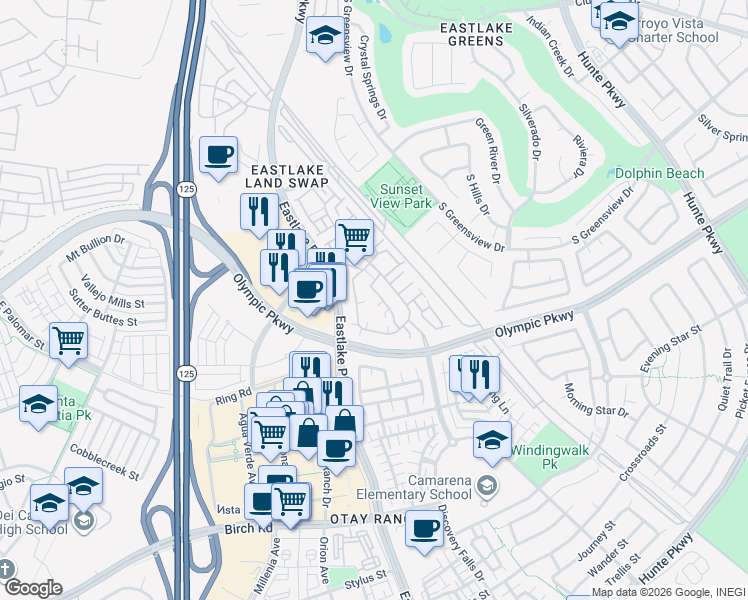 map of restaurants, bars, coffee shops, grocery stores, and more near 1446 Caminito Sardinia in Chula Vista