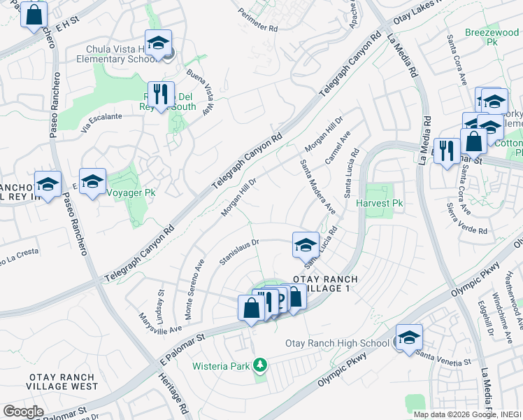 map of restaurants, bars, coffee shops, grocery stores, and more near 1181 Saratoga Court in Chula Vista