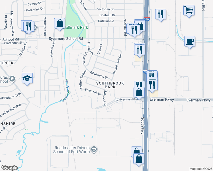map of restaurants, bars, coffee shops, grocery stores, and more near 308 Blairwood Drive in Fort Worth