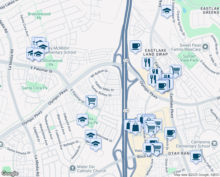 map of restaurants, bars, coffee shops, grocery stores, and more near 1433 Vallejo Mills Street in Chula Vista