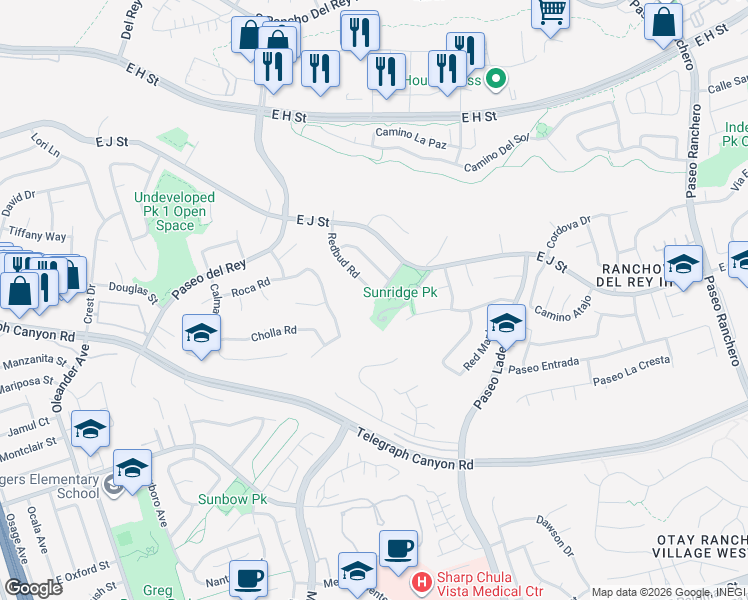 map of restaurants, bars, coffee shops, grocery stores, and more near 952 Beechglen Drive in Chula Vista