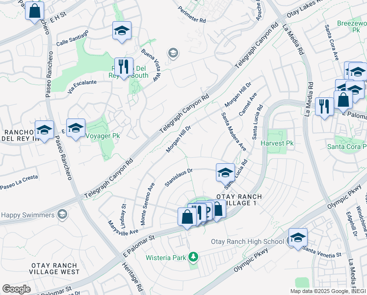 map of restaurants, bars, coffee shops, grocery stores, and more near 1176 Saratoga Court in Chula Vista