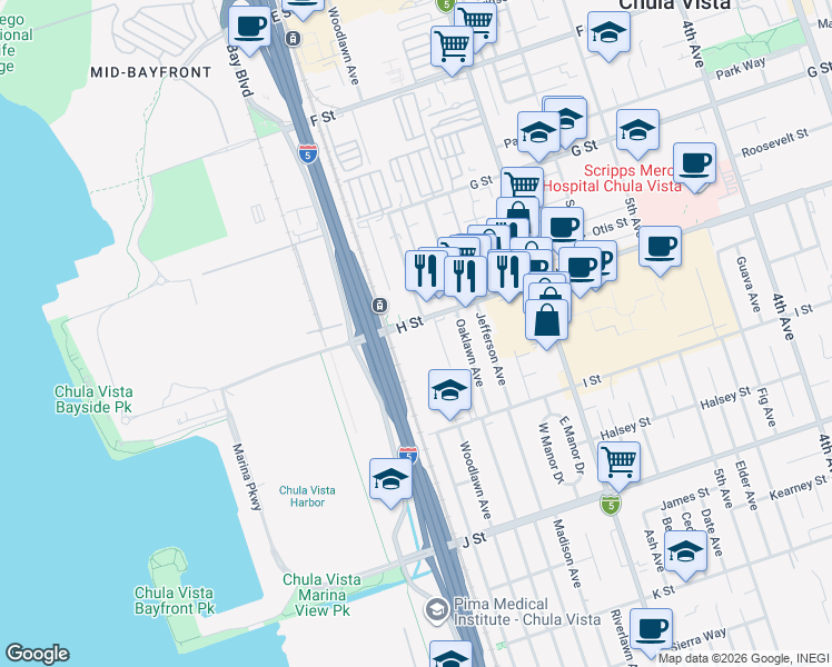 map of restaurants, bars, coffee shops, grocery stores, and more near in Chula Vista