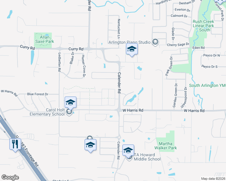 map of restaurants, bars, coffee shops, grocery stores, and more near 7204 Rustic Rock Road in Arlington