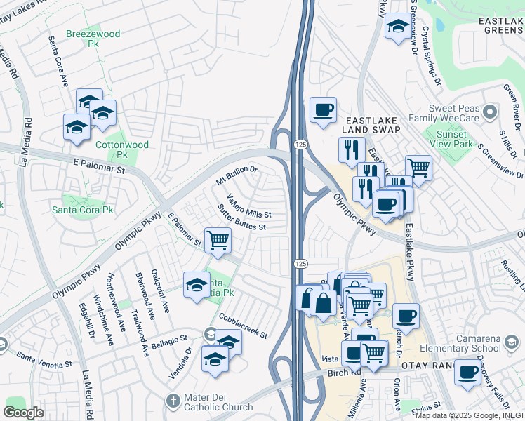 map of restaurants, bars, coffee shops, grocery stores, and more near 1433 Vallejo Mills Street in Chula Vista