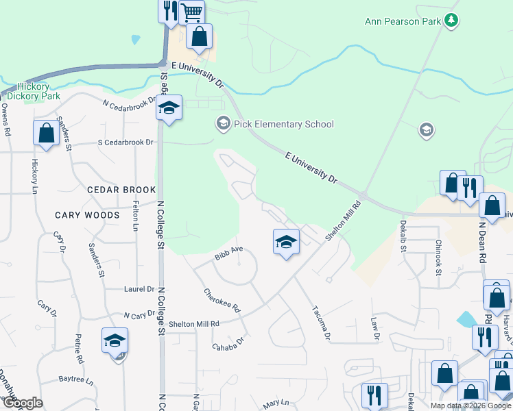 map of restaurants, bars, coffee shops, grocery stores, and more near 575 Shelton Mill Road in Auburn