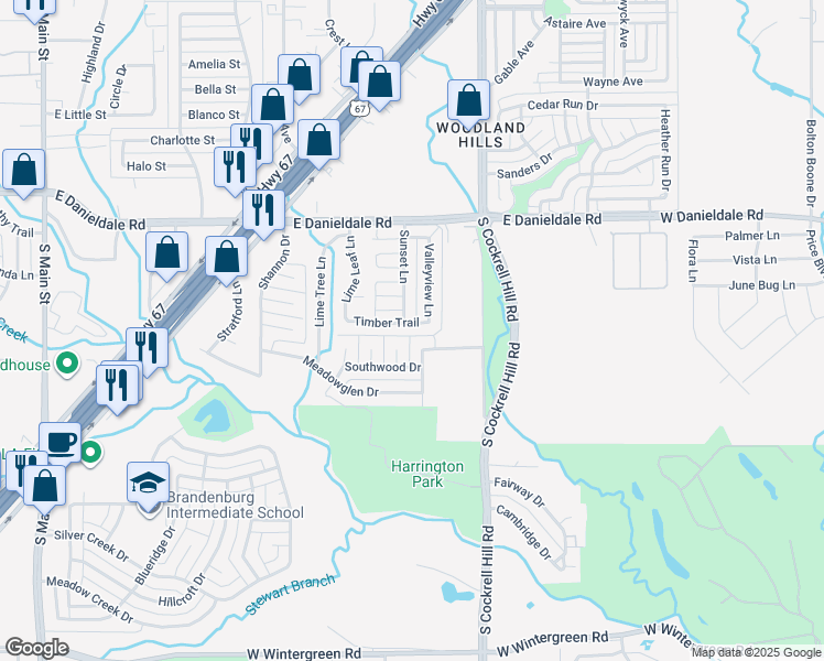 map of restaurants, bars, coffee shops, grocery stores, and more near 722 Timber Trail in Duncanville