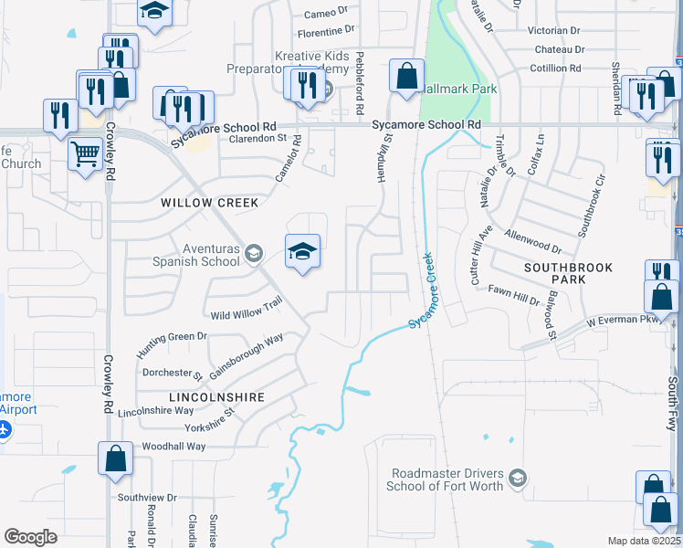 map of restaurants, bars, coffee shops, grocery stores, and more near 8404 Autumn Creek Trail in Fort Worth