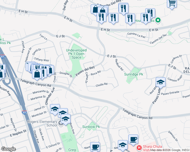 map of restaurants, bars, coffee shops, grocery stores, and more near 975 Roca Place in Chula Vista