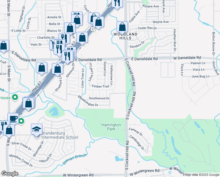 map of restaurants, bars, coffee shops, grocery stores, and more near 722 Timber Trail in Duncanville