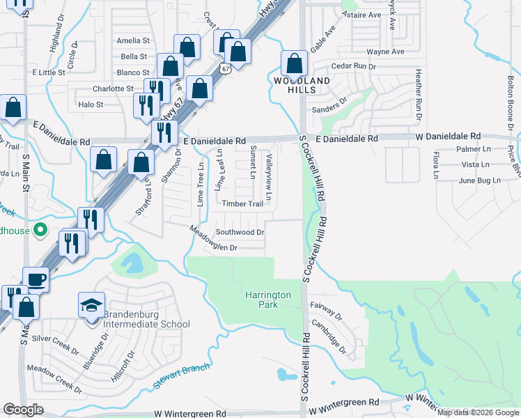 map of restaurants, bars, coffee shops, grocery stores, and more near 722 Timber Trail in Duncanville