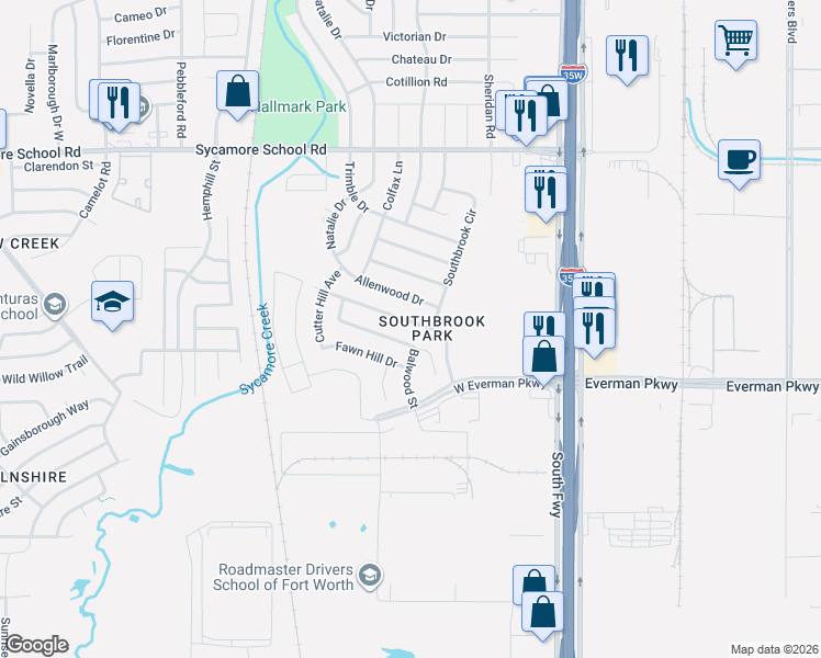 map of restaurants, bars, coffee shops, grocery stores, and more near 308 Blairwood Drive in Fort Worth
