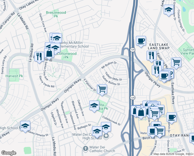 map of restaurants, bars, coffee shops, grocery stores, and more near 1355 Nicolette Avenue in Chula Vista