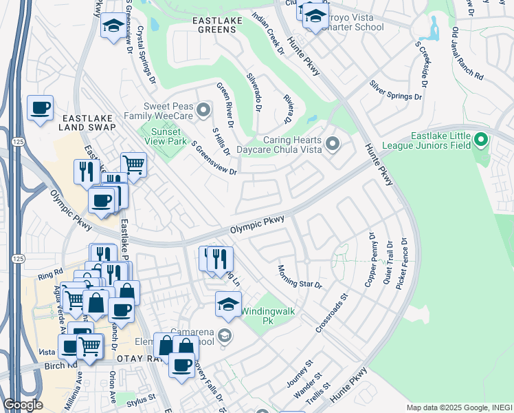 map of restaurants, bars, coffee shops, grocery stores, and more near 2359 Peacock Valley Road in Chula Vista