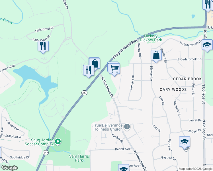map of restaurants, bars, coffee shops, grocery stores, and more near 1150 North Donahue Drive in Auburn