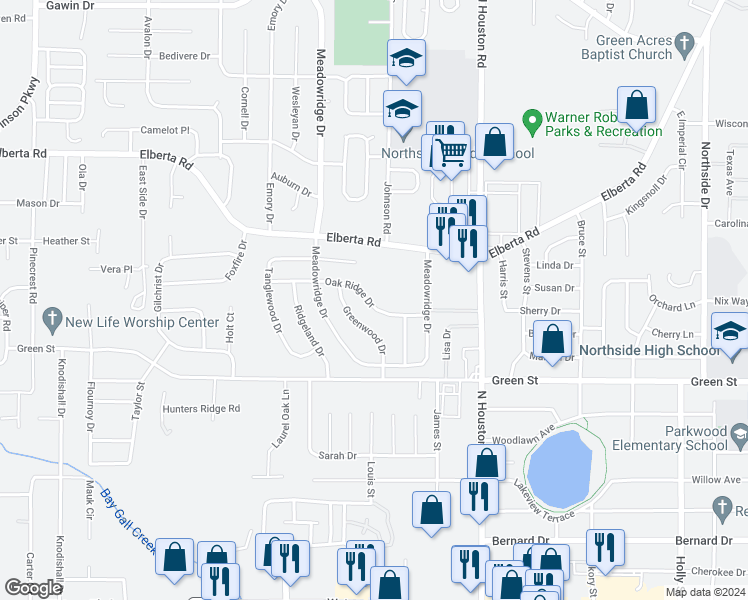 map of restaurants, bars, coffee shops, grocery stores, and more near 108 Oak Ridge Drive in Warner Robins