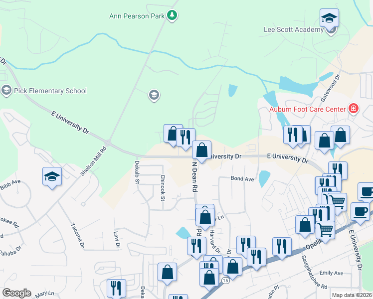 map of restaurants, bars, coffee shops, grocery stores, and more near 2412 East University Drive in Auburn